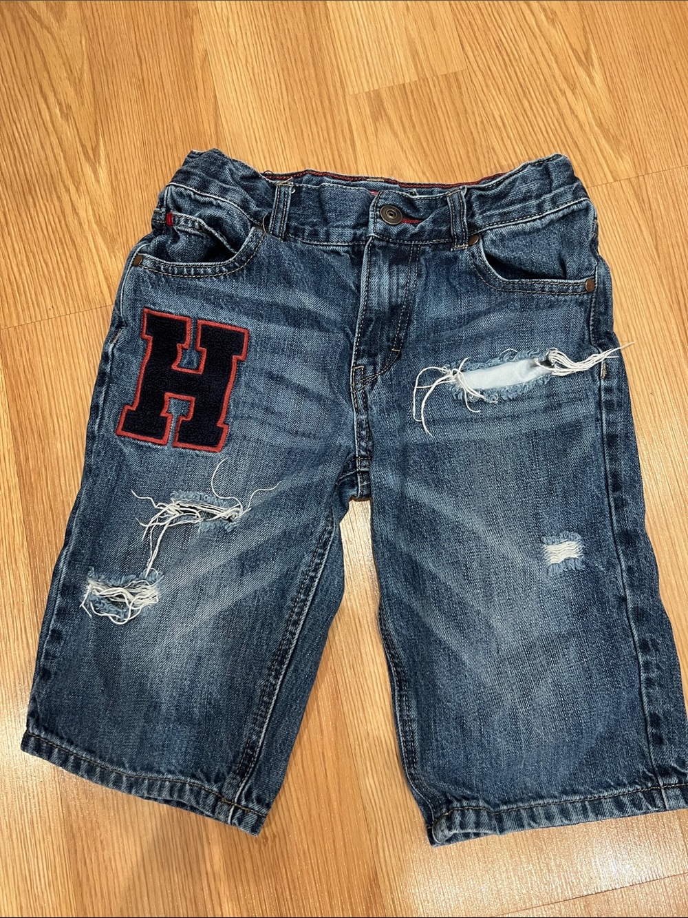 Tommy Hilfiger Blue Distressed Denim Shorts with 'H' Patch